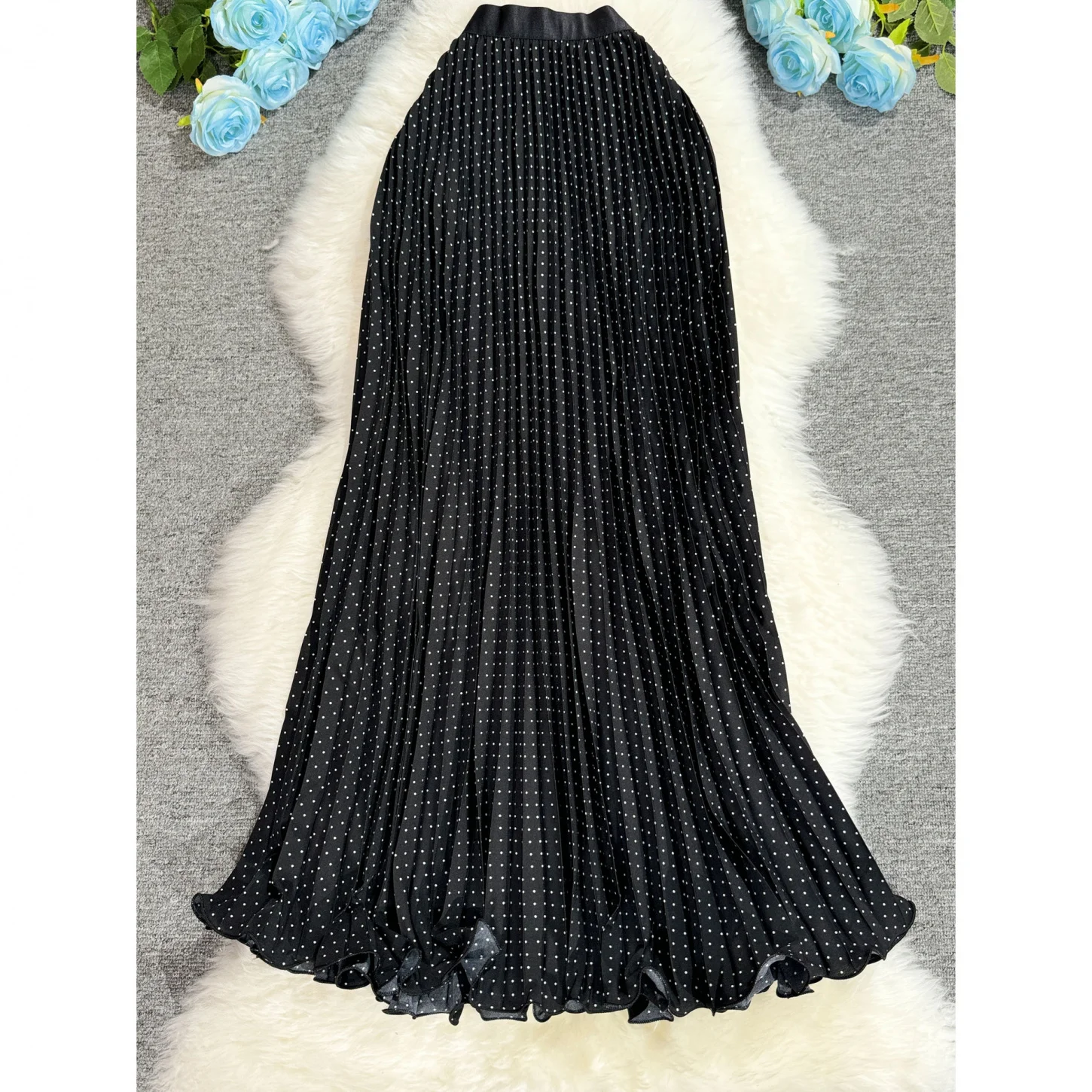 Polka Dot Pleated Long Skirt Women Spring Summer Autumn Fashion High Waisted Dance Party Beach Long Skirt