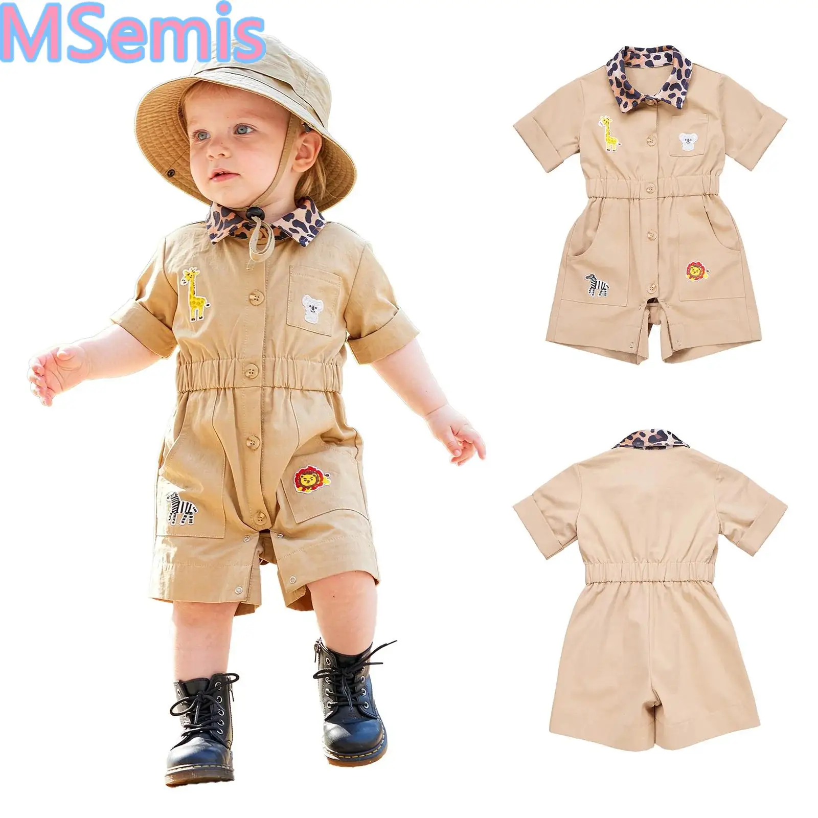 Toddler Baby Boys Girls Zookeeper Jumpsuit Turn-down Collar Romper One-piece Short Sleeve Elastic Waist Buttoned Bodysuit