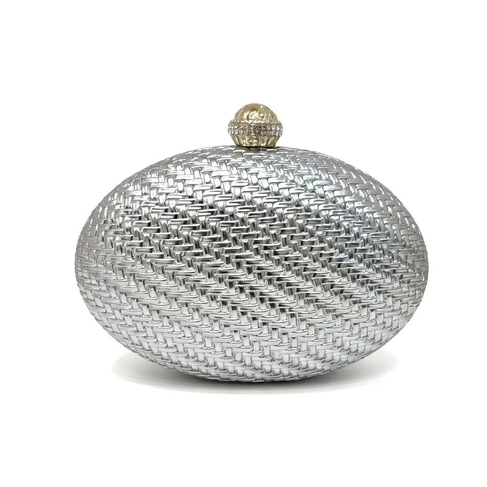 PU Evening Clutch Bag Oval Shape Rhinestone Closure Hard Shell Crossbody Bag Metallic Woven Detachable Chain Braided Handbag view 3