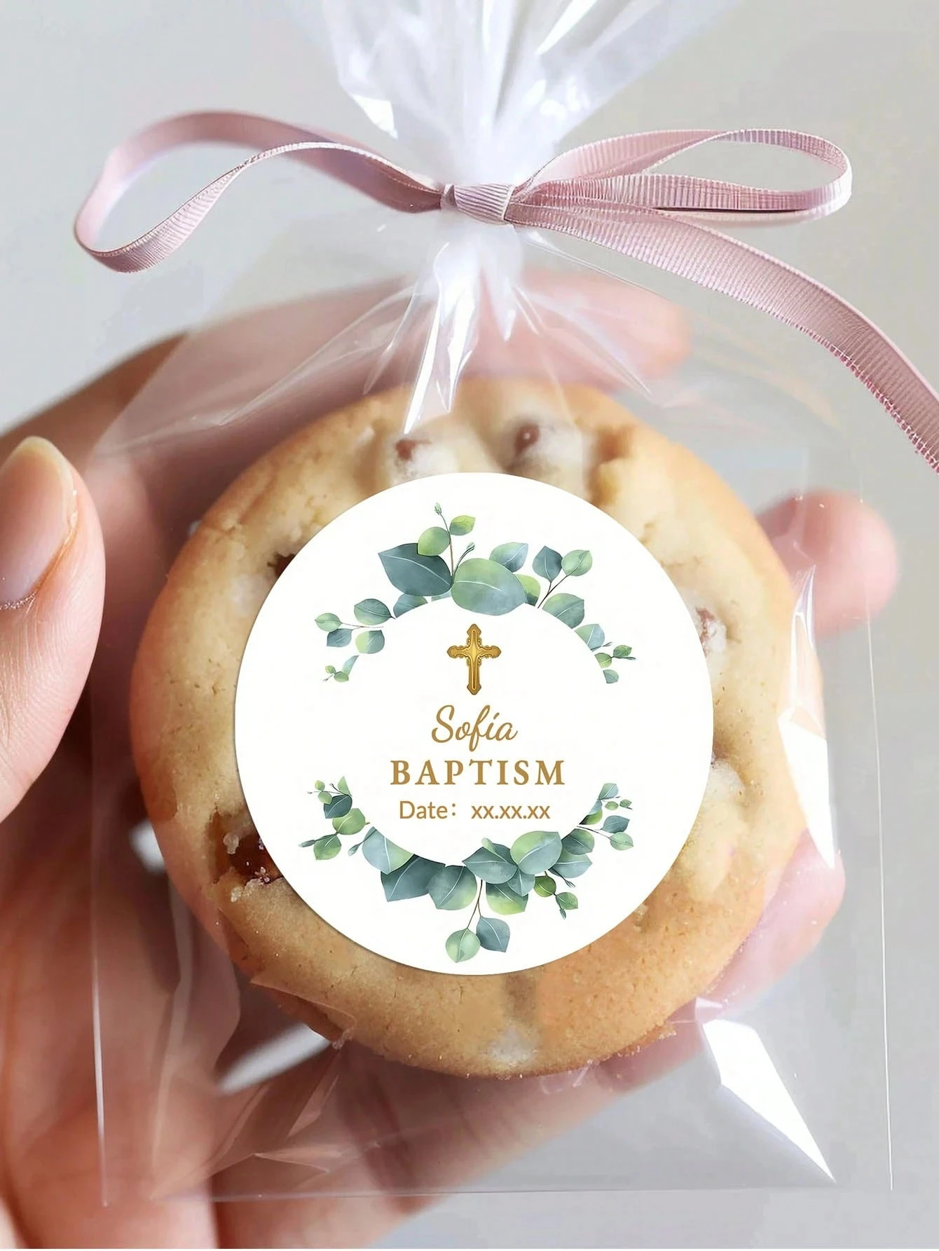 Custom Personalized Stickers First Holy Communion Baptism Greenery Gold Cross Blush Floral Thank You Favor