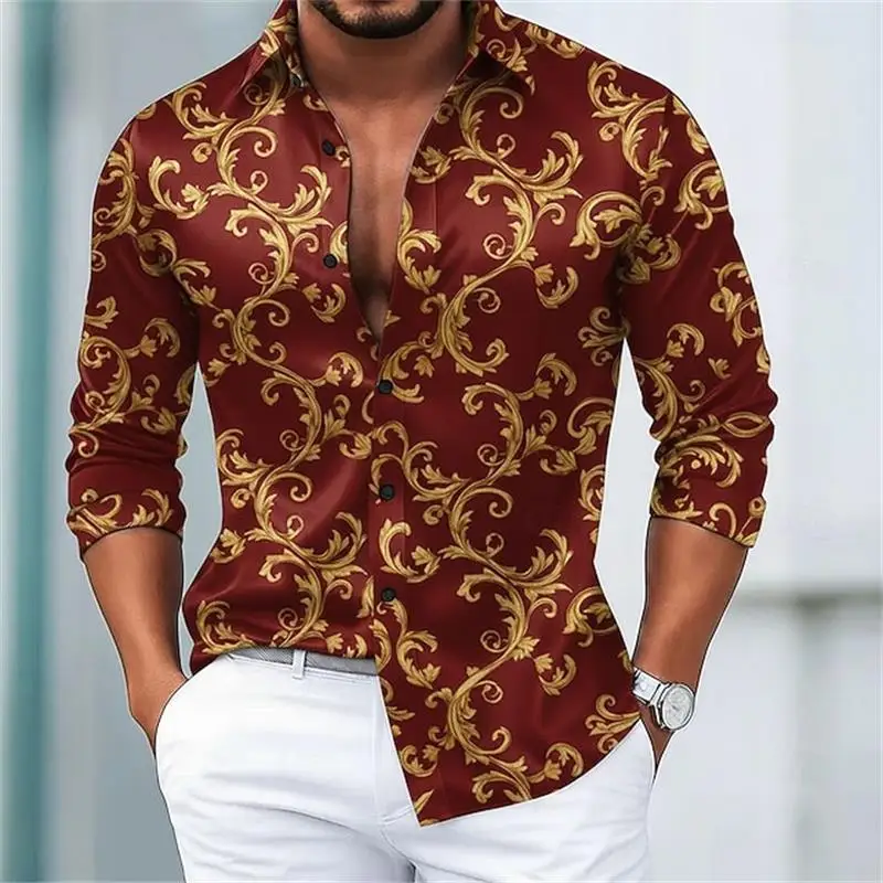قميص رجالي بأكمام طويلة 2025، نمط ريترو تصميم مطبوع ثلاثي الأبعاد، زر طية صدر السترة للرجال عطلة غير رسمية فضفاضة ومريحة