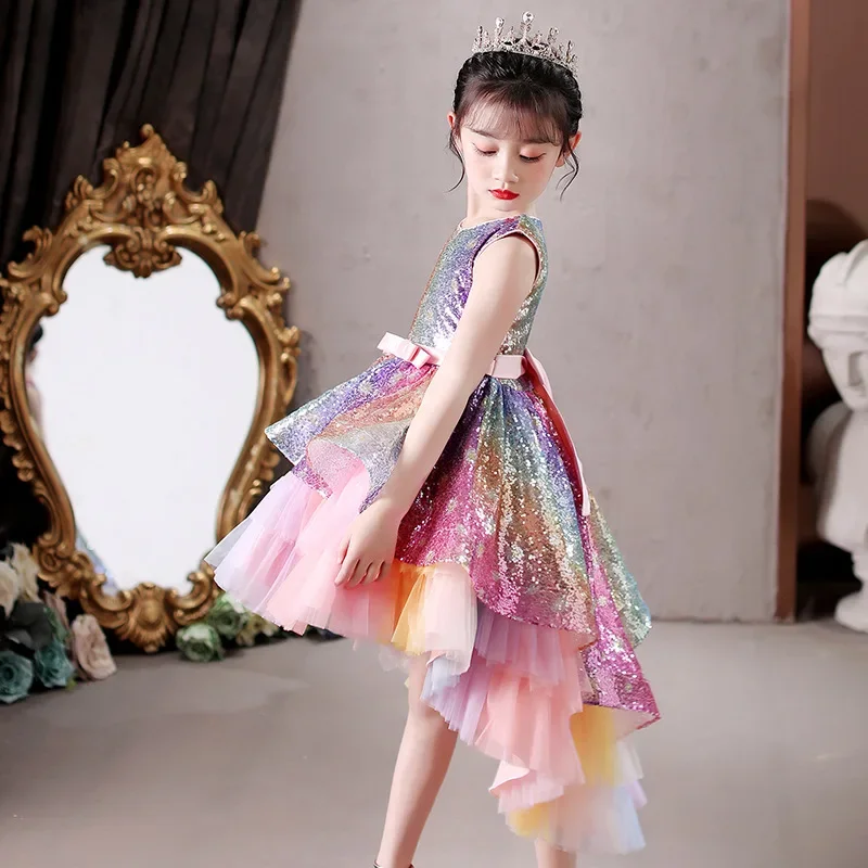 Rainbow Unicorn Pony Costume Elegant Piano Performance Dress for Kids Princess Birthday Party Gown Summer Girls Clothing