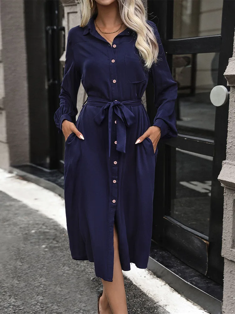 Autumn Women's Mid to Long Solid Color Lapel Dress Shirt Dress Elegant A-Line Pockets Office Lantern Long Sleeve Dress With Belt