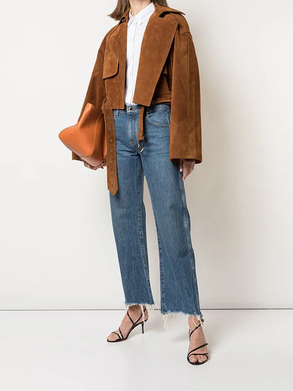 Maxdutti Minimalist French High Waisted Breathable Soft Fringed Straight Leg Denim Pants Tie Washing Blue Cropped Jeans Woman