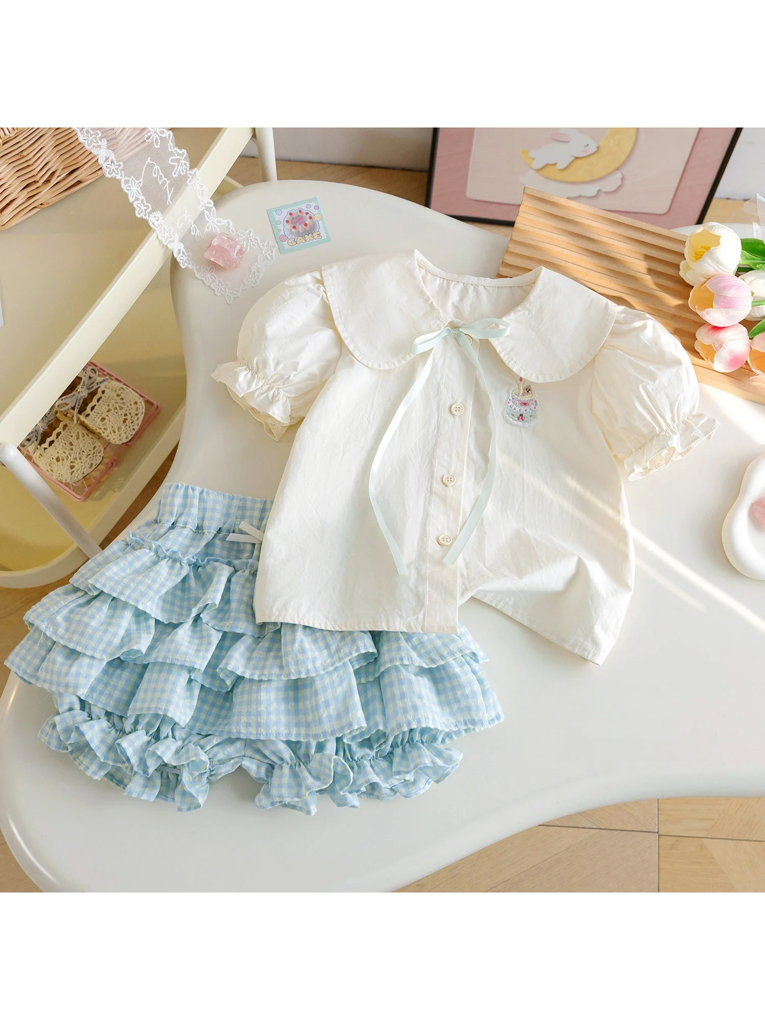 

Sweet Girl's Summer Outfit Doll Collar Shirt And Plaid Bloomer Shorts Two-Piece Set Breathable Short Sleeve High Waist Uniform
