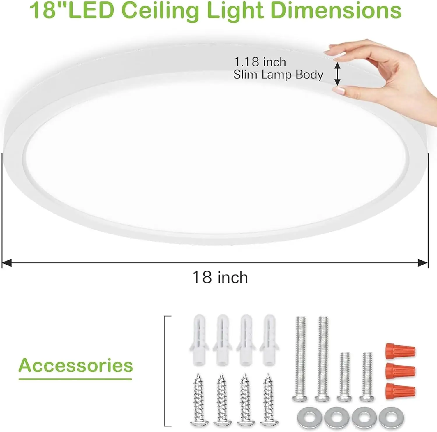 Hykolity Luz de panel plano redondo LED de 18 pulgadas, blanco, 32W, 3200Lm, 3000K/4000K/5000K Cct seleccionable, 120 ° Ángulo de haz, regulable