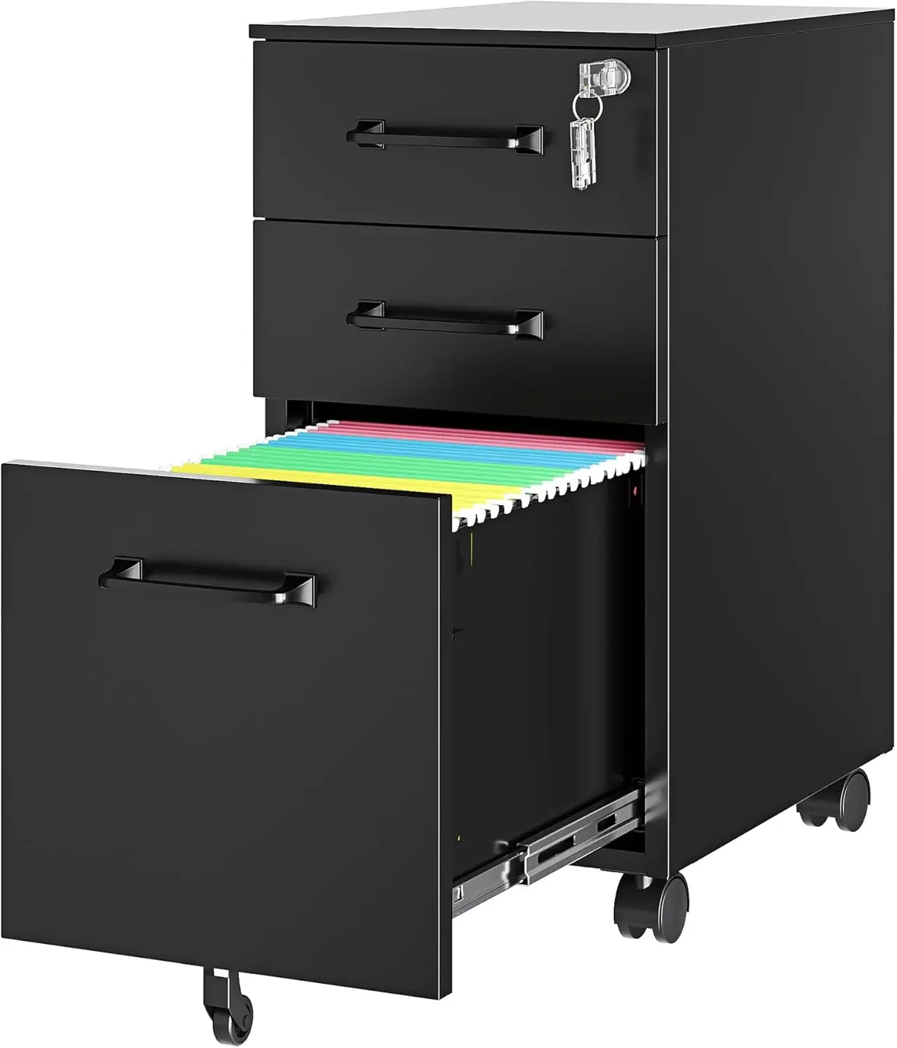 3 Drawer Slim File Cabinet, Mobile Filing Cabinet with Lock,Black Rolling Narrow File Cabinets with Casters, Under Desk Office C