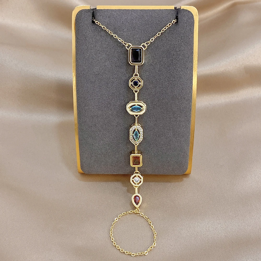 Exquisite Geometric Colorful Zircon Bracelet for Women Gold Plated Copper Link Connected Finger Chain Ring Bracelet Hand Jewelry