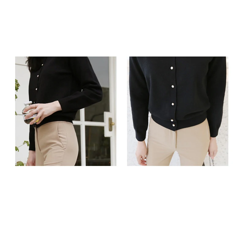 Cropped Cotton Button Up Polo Collar Cardigan Sweater Black