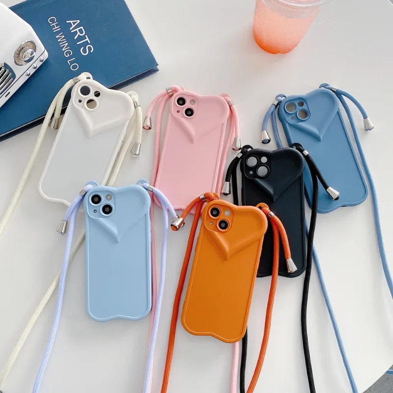 Simply Style Pure Color Heart-shape Tpu Shockproof Phone Cases with Frosted Lanyard for Iphone 11 12 13 14 15 Pro Max 14 15 Plus