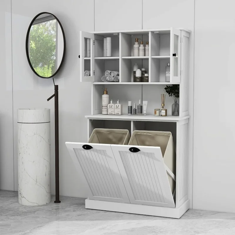 

Double Doors Laundry Cabinet Hamper, Cabinets, Bathroom Cabinet with Hidden Laundry Hamper & Glass Doors, White,13 * 2 Gallons