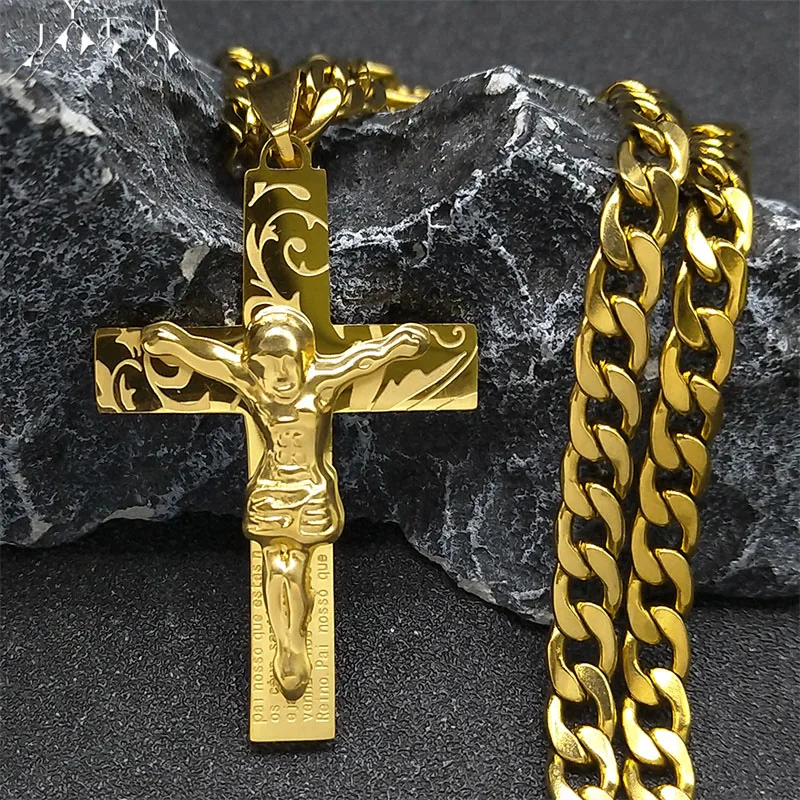 2024 Hip Hop Cross Jesus Stainless Steel Necklace Gold Color Long Crucifix Necklace Women/Men Jewelry colar de cruz N6030S05