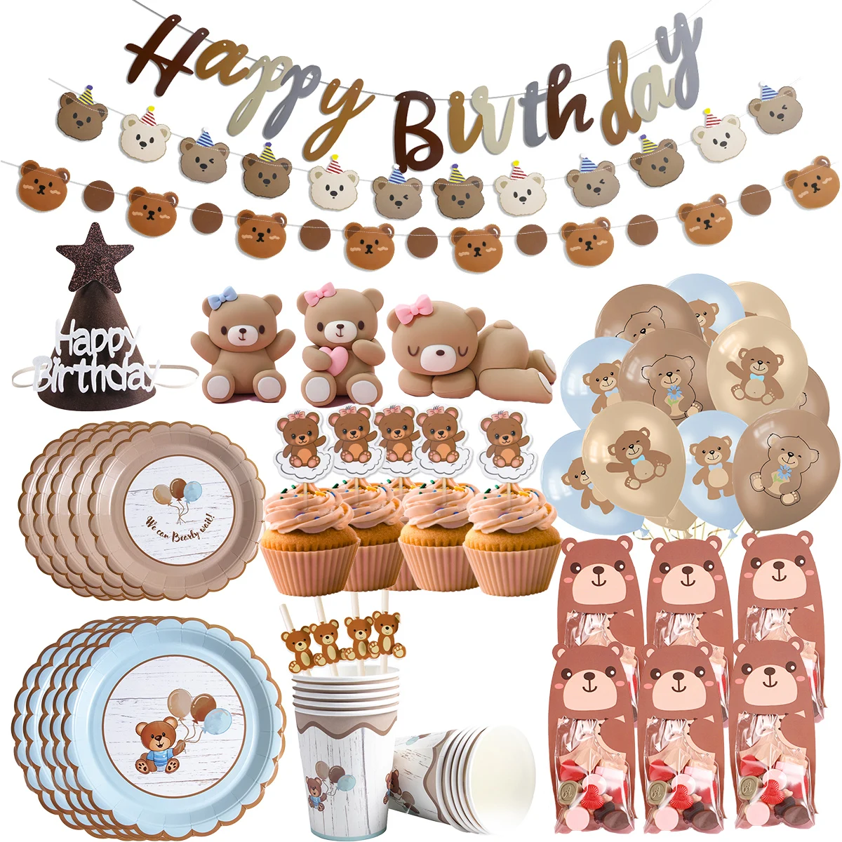Niedźwiedź Dekoracje urodzinowe Tło ścienne Baner Papierowy talerz Kubek Torby na prezenty na Baby Shower Supplies Niedźwiedź 1. Urodziny Dekoracje
