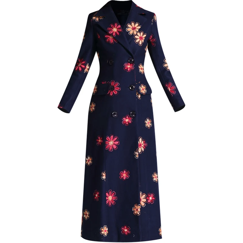 Luxury Women Winter Wool Trench Embroidery Long Coat Double