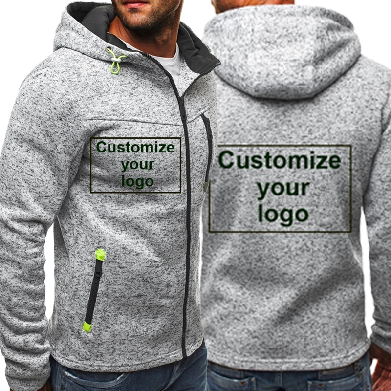 Men's Autumn Fashion Customization Your Logo Printed Hooded Jacket Winter Wool Sweatshirt Knitted Zipper Long Sleeve Coat