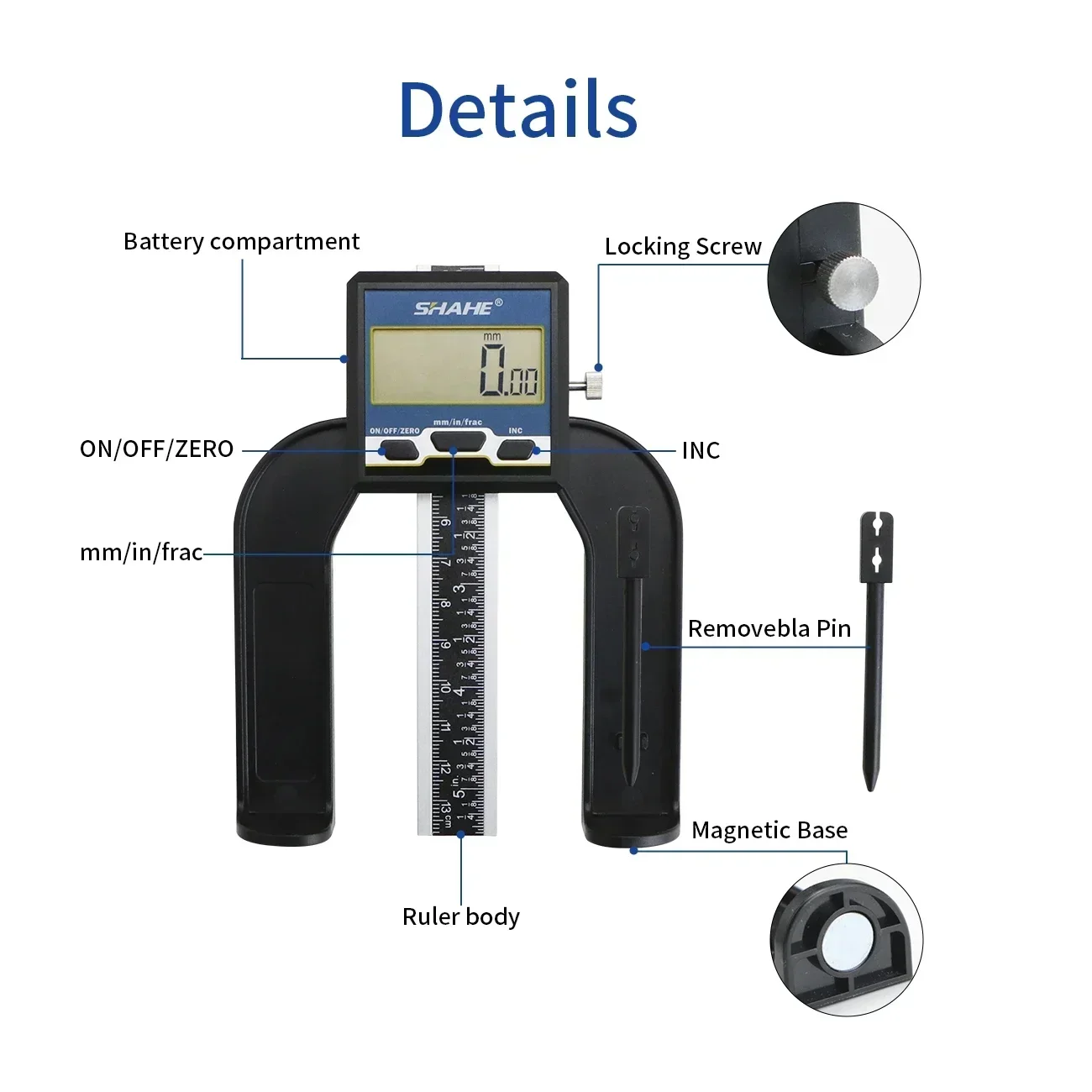 SHAHE Electronic Height Depth Gauge Woodworking Ruler 0-80mm Magnetic Depth Height Gauge Caliper Measuring Tools