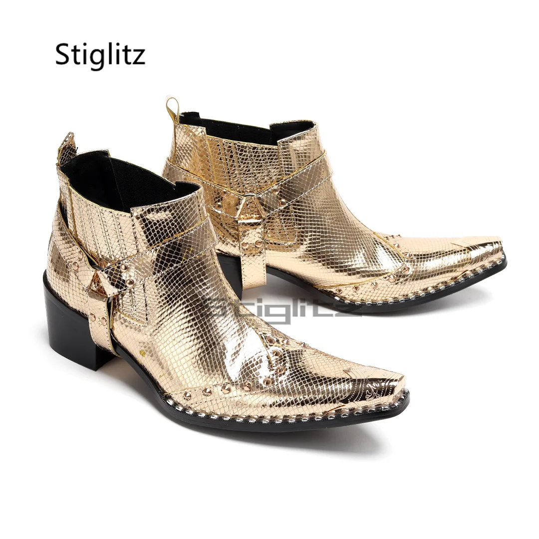 High Heels Men's Gold Chelsea Boots Metal Pointed Toe Rivets Genuine Leather Ankle Boots Party Slip On Dress Wedding Shoes