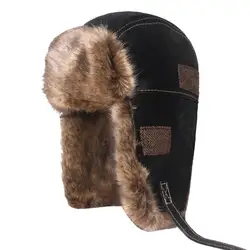 Cappello con paraorecchie Fuzzy in pelliccia sintetica con fibbia regolabile Orecchie russe ispessite Berretto da caccia termico invernale da uomo in pelle