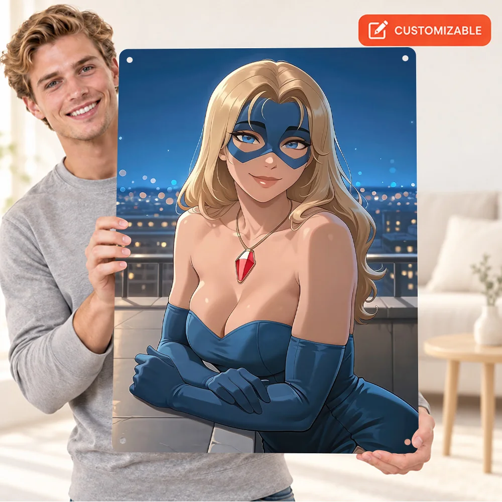 Blonde Superheroine On Rooftop At Night Aluminum Poster Customized Metal Sign Blue Dress City Lights Wall Art For Gaming Room