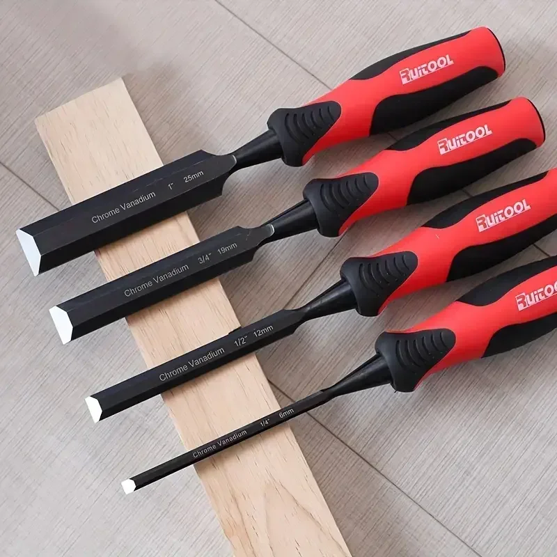 4-Pack Wood Chisel Set Vanadium Steel Sharp Engraved Bevel Edge Soft Grip 1/4, 1/2, 3/4, 1 Inch Chisels with Storage Bag