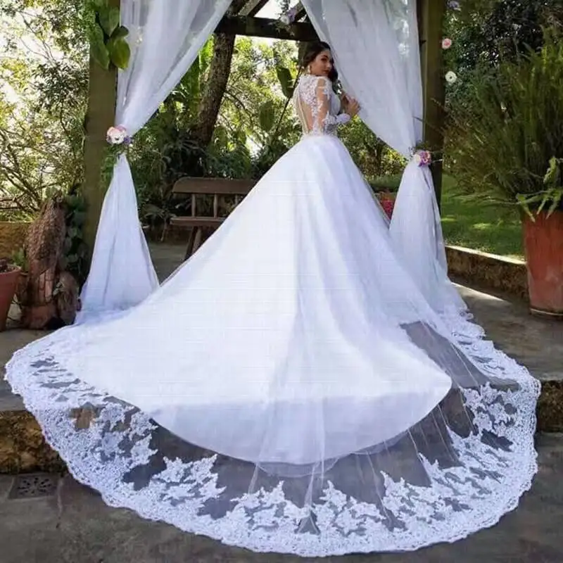 Đầm Nude Voan Tay Dài Ren Một Dòng Áo Cưới Đời Boho Cổ Tròn Appliques Tinh Thể Đính Hạt Áo Dài Cô Dâu