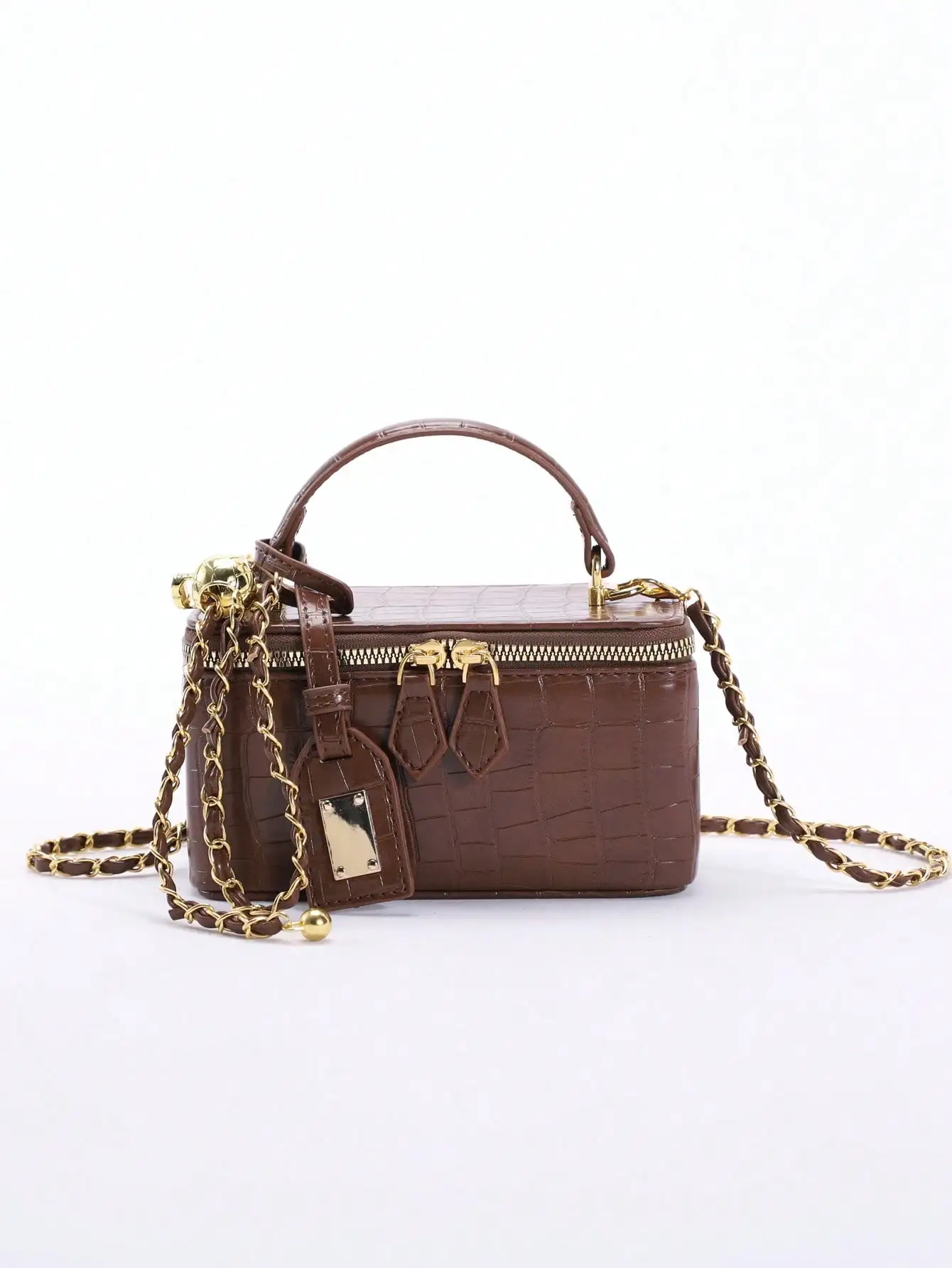 

1pc High-End Coffee Crocodile Embossed Zipper Small Square Bag, Fashionable PU Quilted Diamond Stitching Box Bag, Versatile Zipper Small Square Bag, Women's Handbag With Chain Shoulder Strap