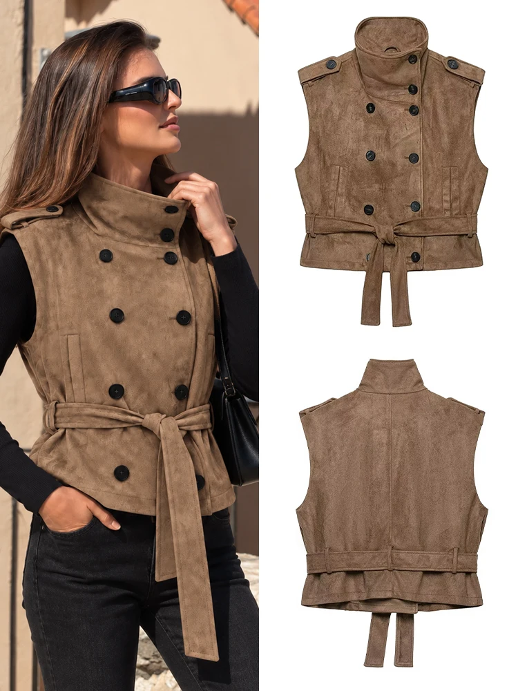 HH Women Fashion Faux Suede Vest Double Breasted Decor With Belt Vintage Khaki Sleeveless Top Autumn Winter Chic Warm Outerwear