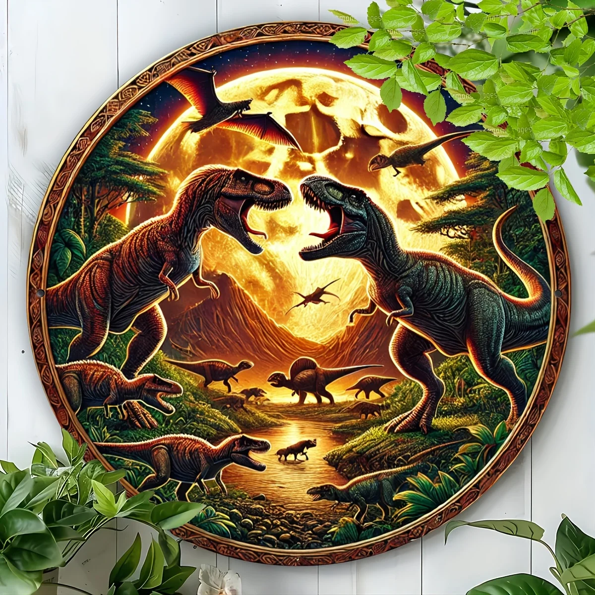 1pc Jurassic Dinosaur Foil Art, Vintage Aluminum Circular Plaque, Rustic Home Decor Sign, Wall & Window Hanging for Laundry, Gym