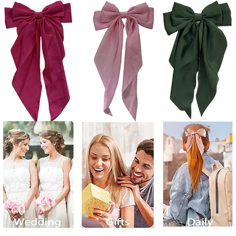 Women Elegant Bow Ribbon Hair Clip Fashion Solid Satin Spring Clip Simple Bowknot Hairpins Barrettes Hair Accessories for Girls