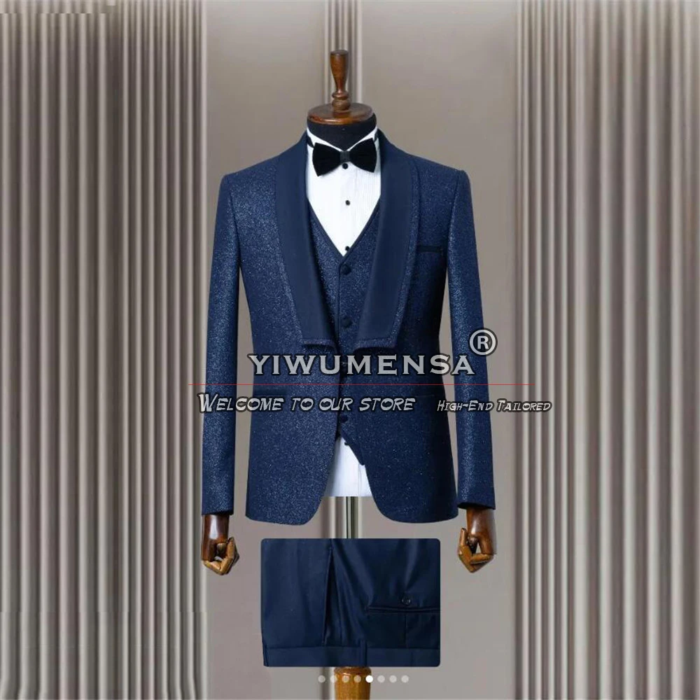 Classic Groom Wedding Suits For Men Skinny Sparkly Shawl Lapel Jacket Vest Pants 3 Pieces Men's Tuxedos Customized Man Clothing