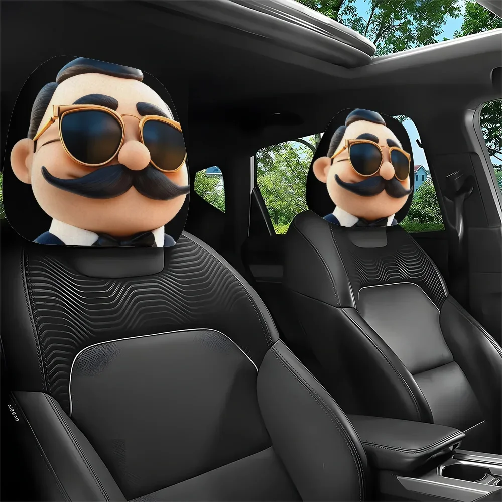 2Pcs Retro Gentleman Mustache Glasses Print Car Headrest Covers Perfect For Mature Charm Enhances Interior Style