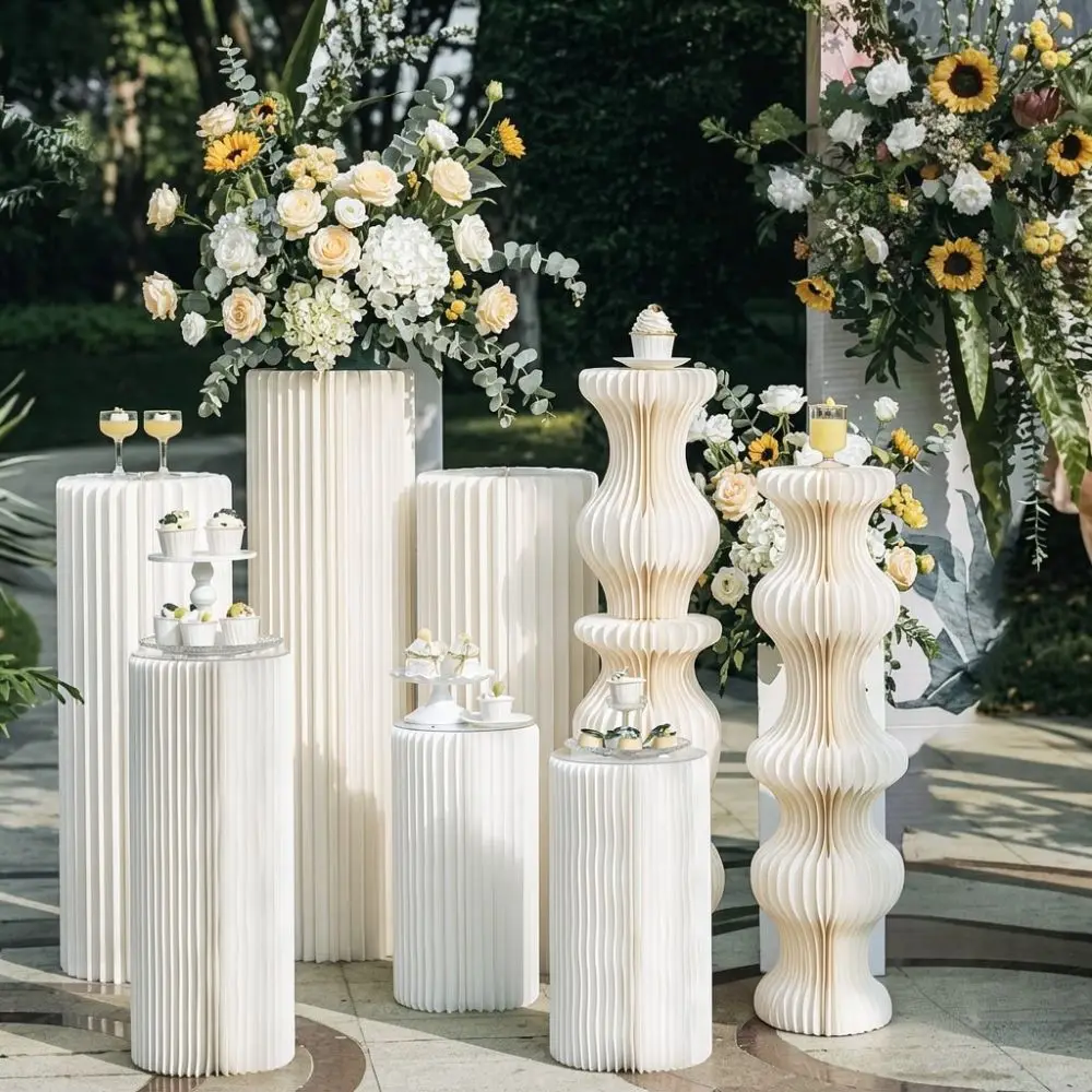 Foldable Paper Pillar Pedestal Wedding Reception Display Stand Festive Party Dessert Table Base Geometric Decoration Props