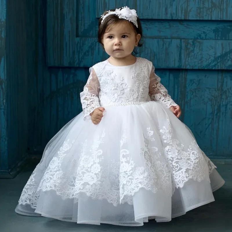 

Flower Girl Dresses Baby Baptism Dresses Tulle White Appliques With Bow Long Sleeve For Wedding Birthday Holy Communion Gowns