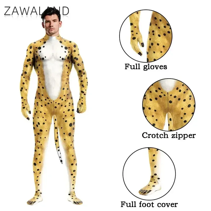 Zawaland Tigre Leopardo Ghepardo Petsuit per Uomo Animale Travestimento Costume Cavallo Cerniera Zentai Carnevale di Halloween Tute Complete