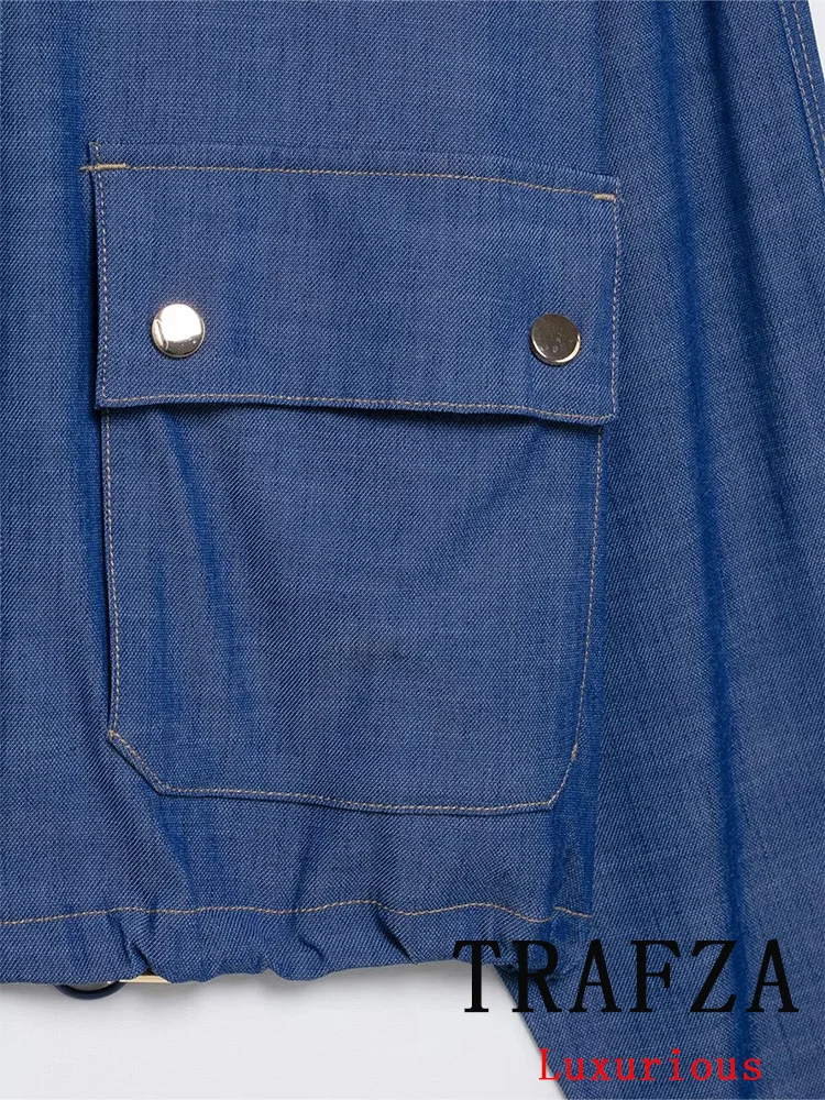 TRAFZA Vintage Casual azul sólido cuello redondo manga larga bolsillos de un solo pecho chaquetas nueva moda 2025 vacaciones de primavera abrigos femeninos