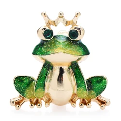 Wuli&baby Wear Crown Frog Brooches For Women Unisex 2-color Lovely Enamel Animal Party Casual Brooch Pin Gifts