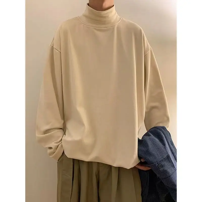 2026 Autumn Winter Long Sleeve T-Shirt For Men Loose Casual Artistic Retro  Style Half High Collar Inner Layer Warm