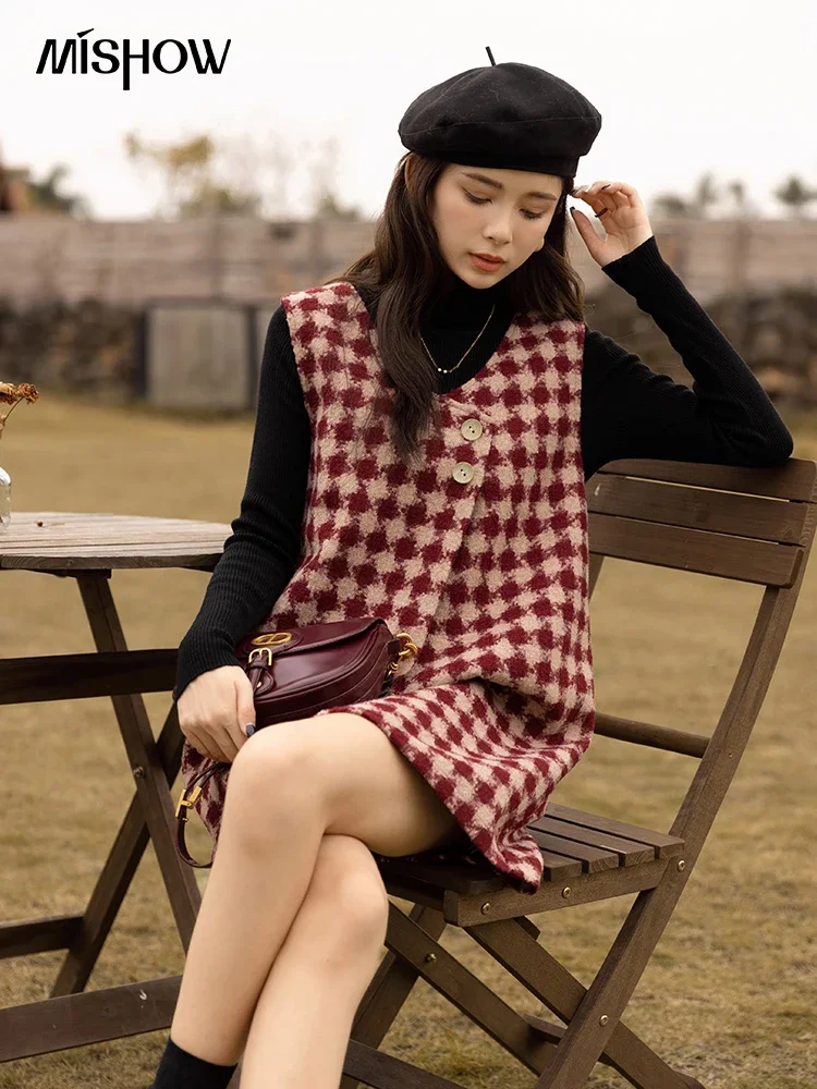 MISHOW Plaid Vest Dress Winter Vintage Womens Dresses Aline Vneck Sleeveless Woolen Vestidos Chic Female Clothes MXB47L1332