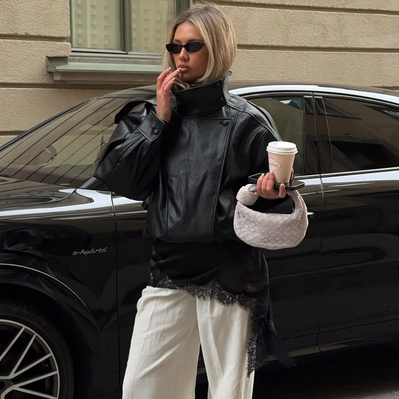 Tornova mode veste en simili cuir femmes col montant boutons fermeture éclair poche épissage automne hiver femme haute rue manteau