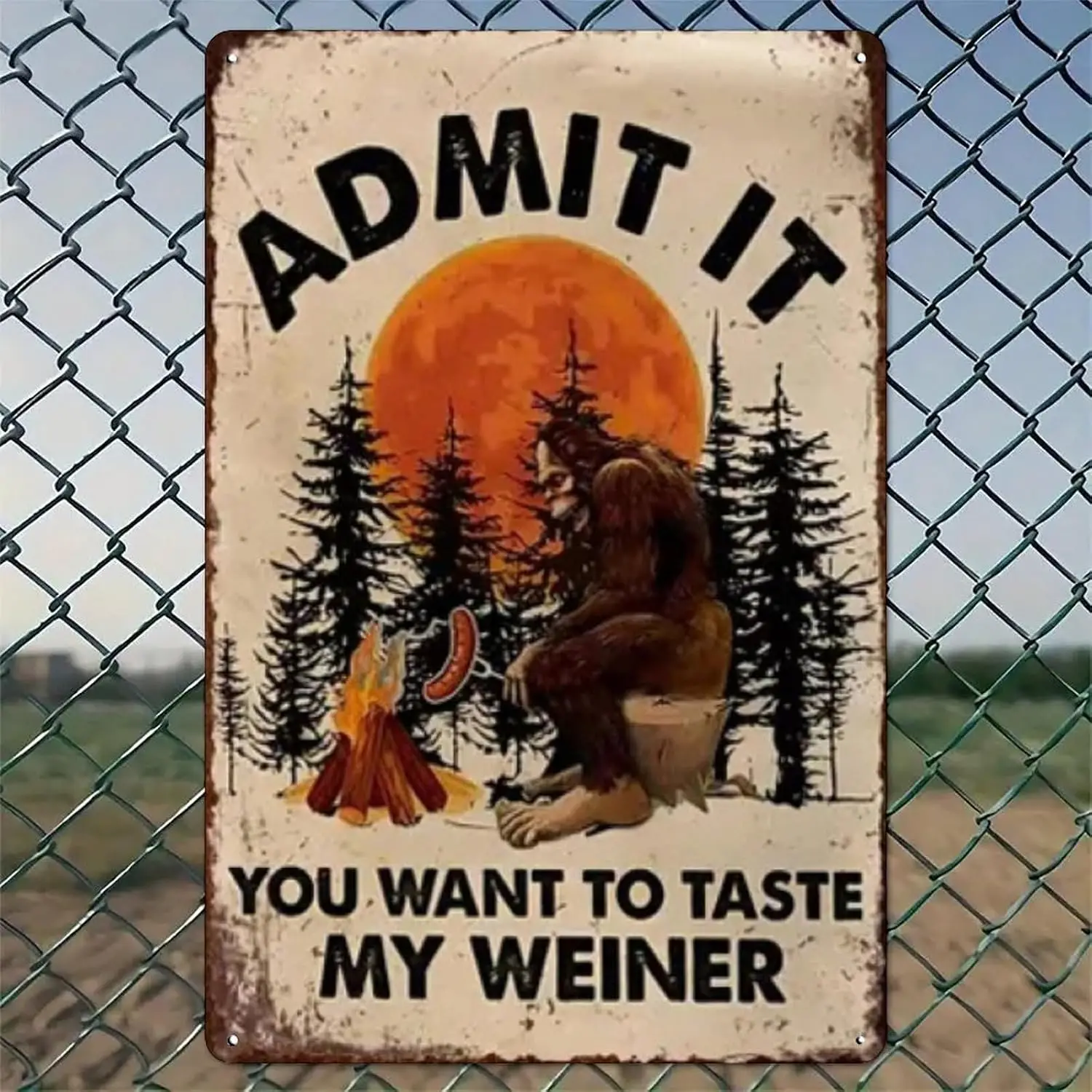 Bigfoot Campfire Sausage Dinner Rustic Aluminum Wall Art & Metal Tin Sign - in Vintage Indoor Outdoor Decor for Home, Office