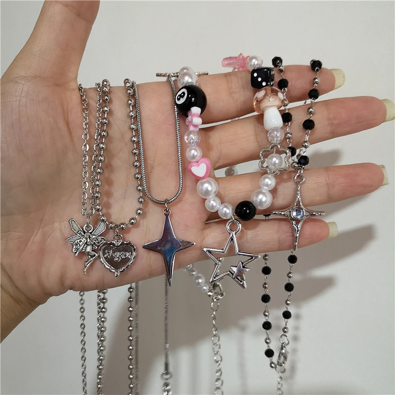 Kpop Trendy Vintage Star Cross Heart Pendant Pink Beaded Snake Chain Necklace For Women Men Party Jewelry Y2K EMO Accessories