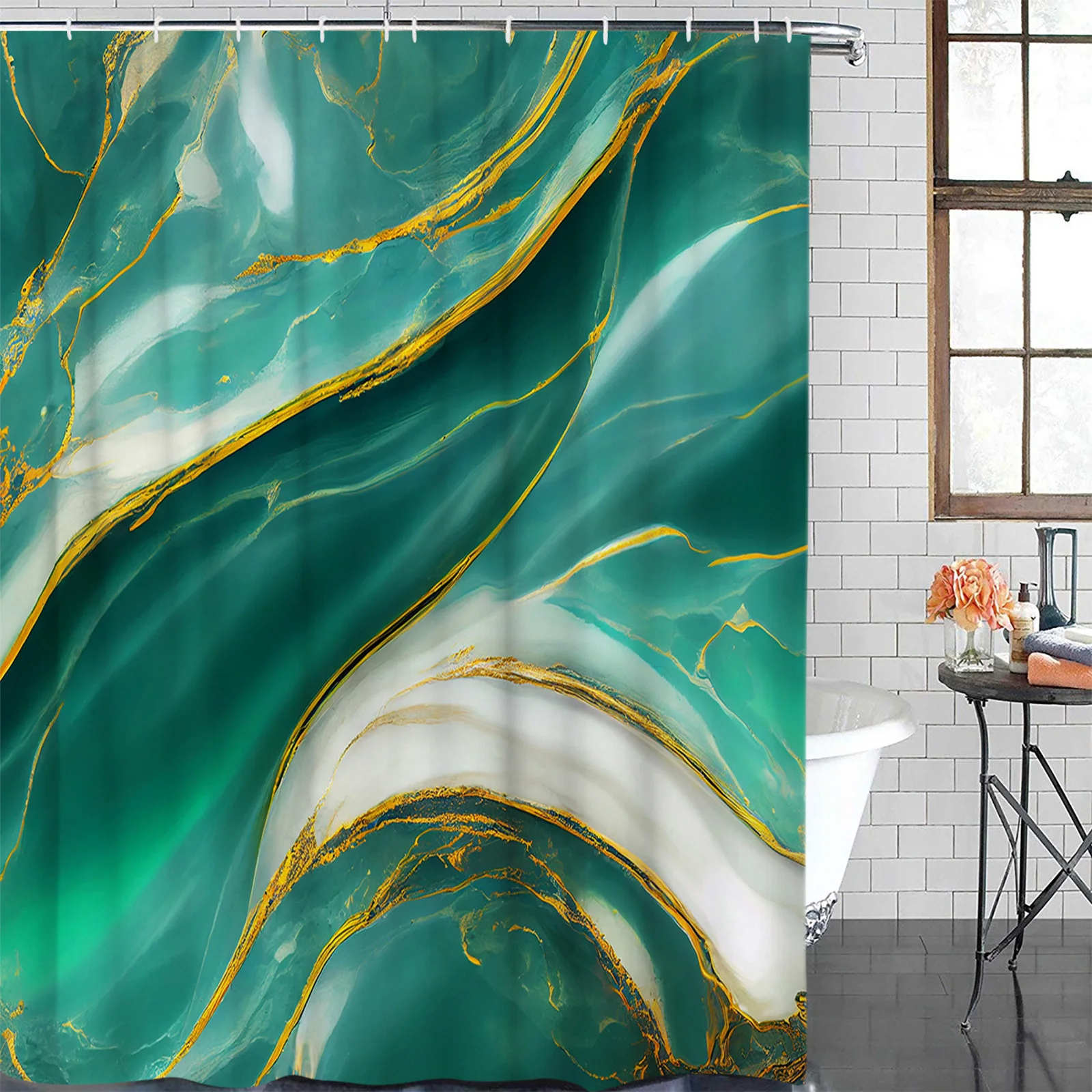 Marble Texture Green Waterproof Bathroom Decoration Shower Curtain With Hook Printed Bathtub Curtains Bathroom Accessories