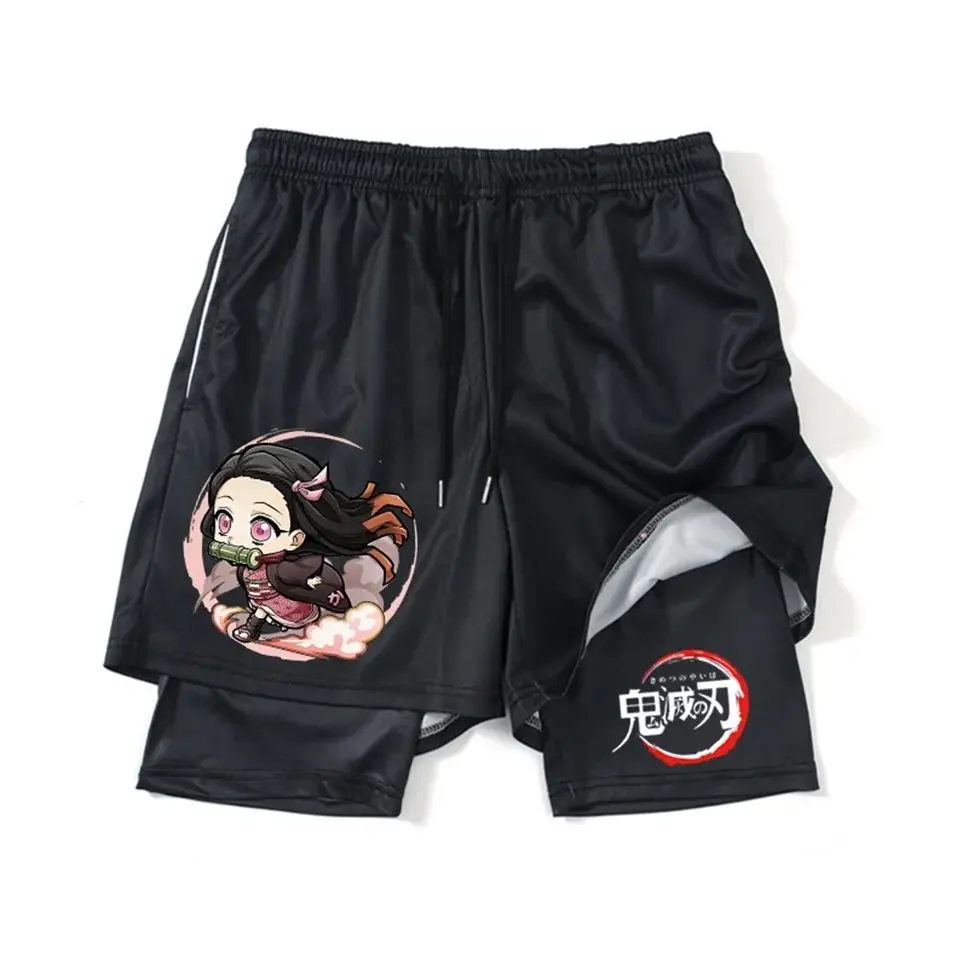 Pantalones cortos Demon Slayer 2025, pantalones de playa de doble capa periféricos de Anime de verano para hombres y mujeres, pantalones casuales sueltos de talla grande