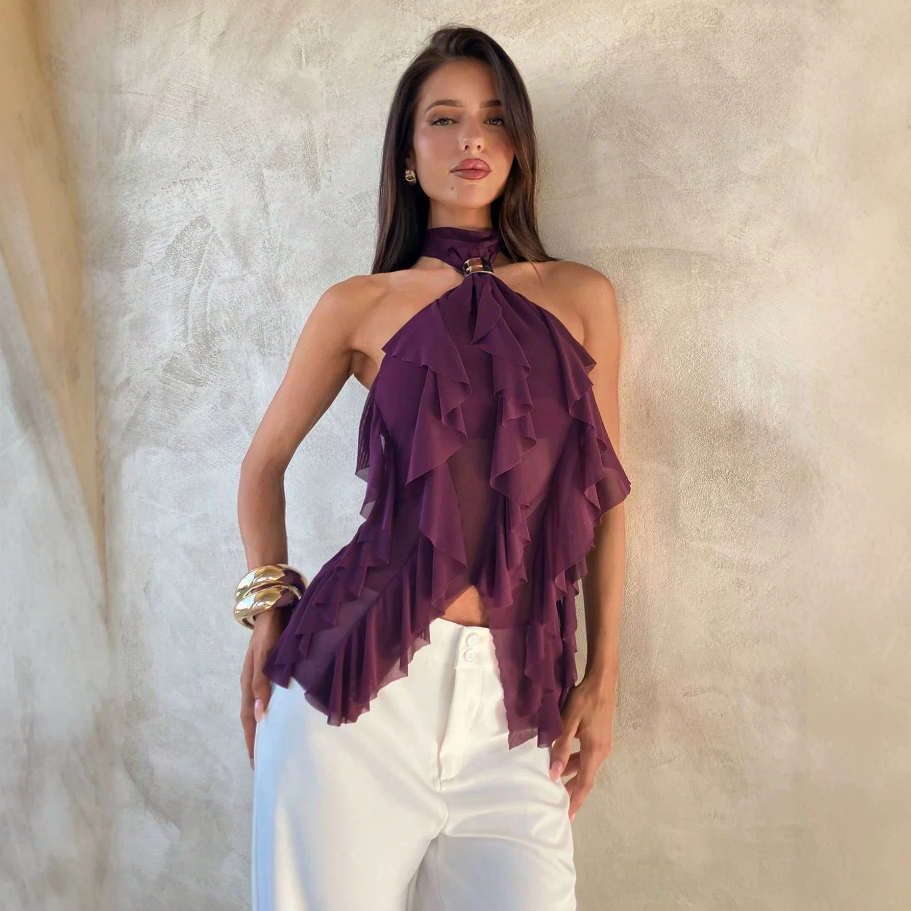 New Purple Neck Mesh Ruffle Edge Sleeveless Off-the-shoulder Slightly Transparent Sexy Top