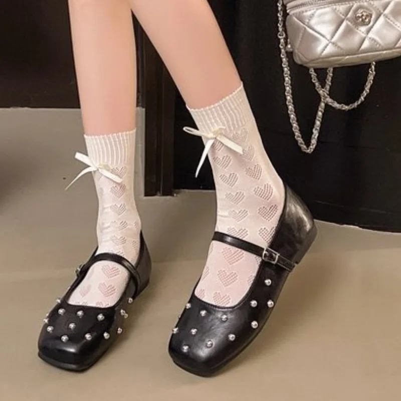 

2026 Rivet Round Head Work Flat Genuine Leather Sheepskin Shoes Buckle Ballet Shoes Womens