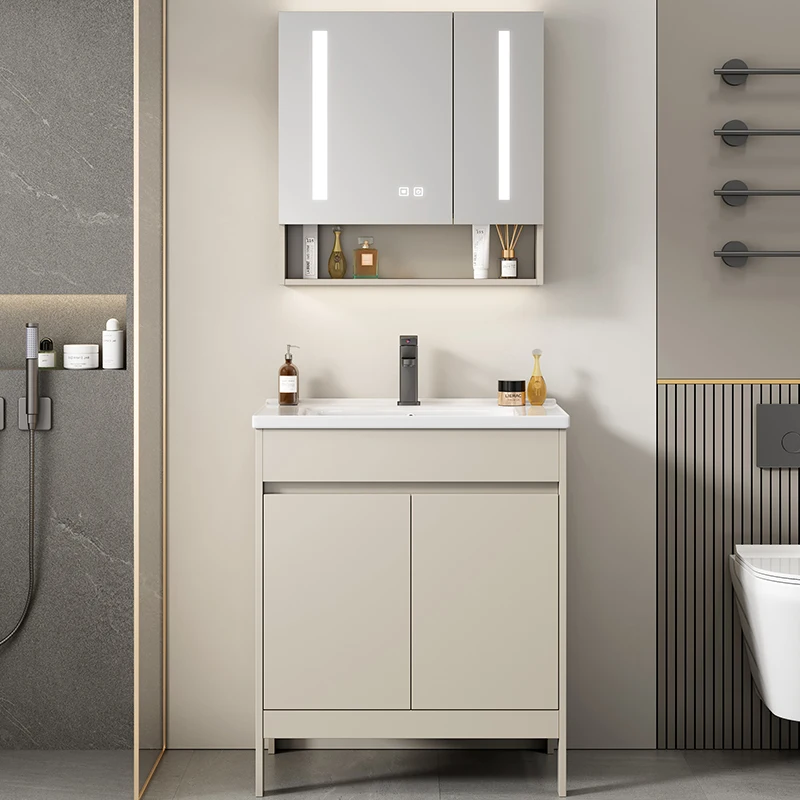 

Modern Bathroom Single Sink Vanity Set with LED Light Smart Mirror Floor Standing Water Resistant Cabinet