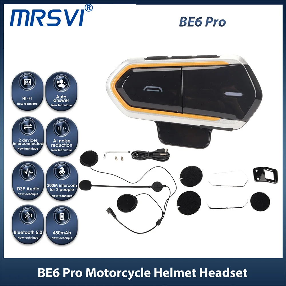

MRSVI BE6 Pro мотоциклетный шлем, гарнитура, беспроводной Bluetooth-переговорник, водонепроницаемая гарнитура с громкой связью, FM-радио, мото наушники
