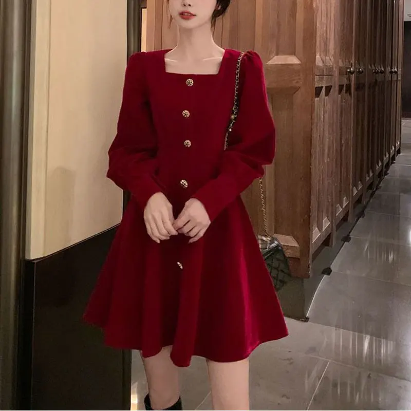 French Style Vintage Square Collar Mini Dress Autumn Winter New Elegant Waist A-Line Women\'s Clothing Solid Color Button Dresses