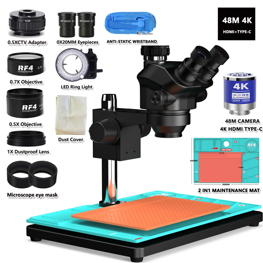 Zoom Simul Focal Trinocular Stereo Microscope1080P 2K 4K HDMI USB VGA Video Camera 0.7X 0.5X Lens For Phone Soldering PCB Repair