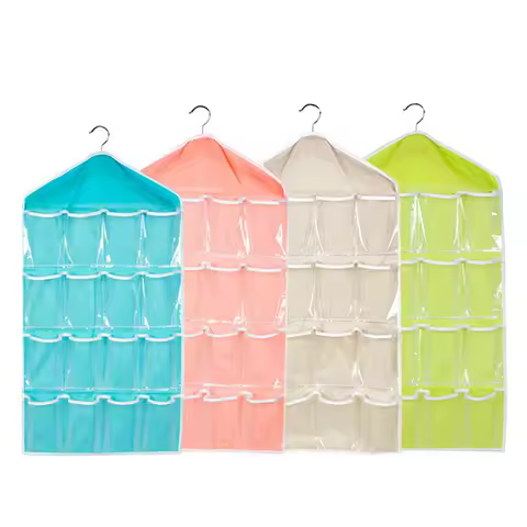 Hot 16 Grid Pockets Clear Hanging Bag Socks Bra Underwear Stationery Rack Hanger Storage Saving Space Tidy Organizer